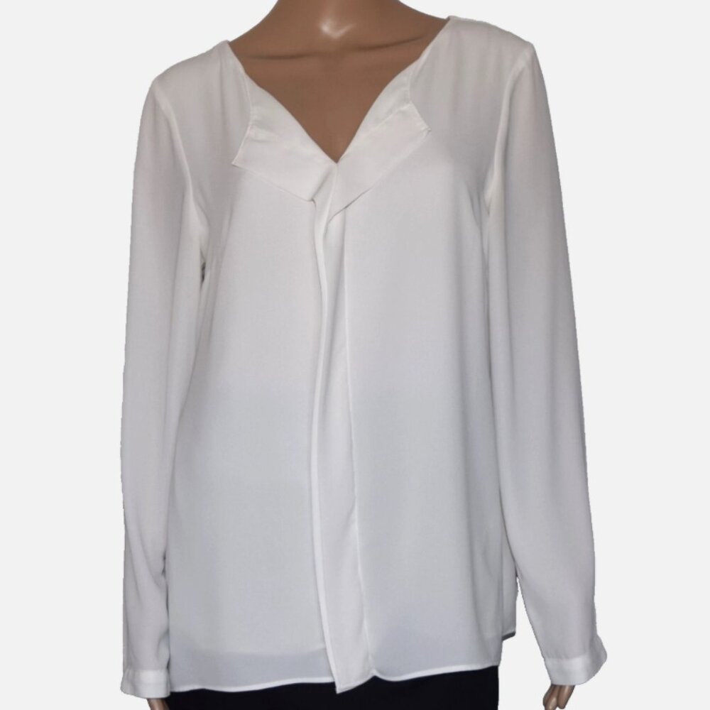 WHITE HOUSE BLACK MARKET White V-Neck Lined Long Sleeve Blouse Size 8